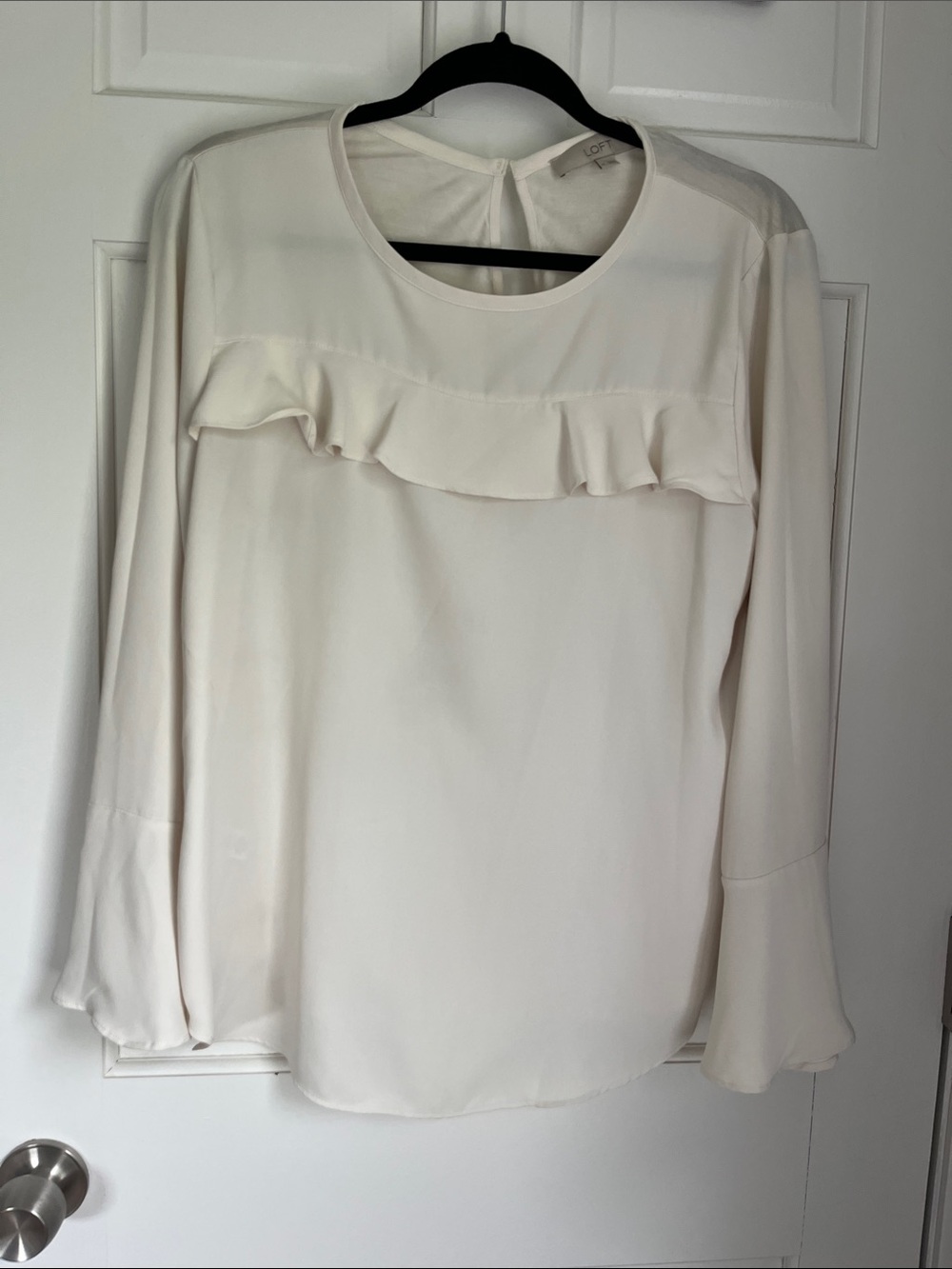 LOFT Cream Ruffle-Front Long Sleeve Blouse